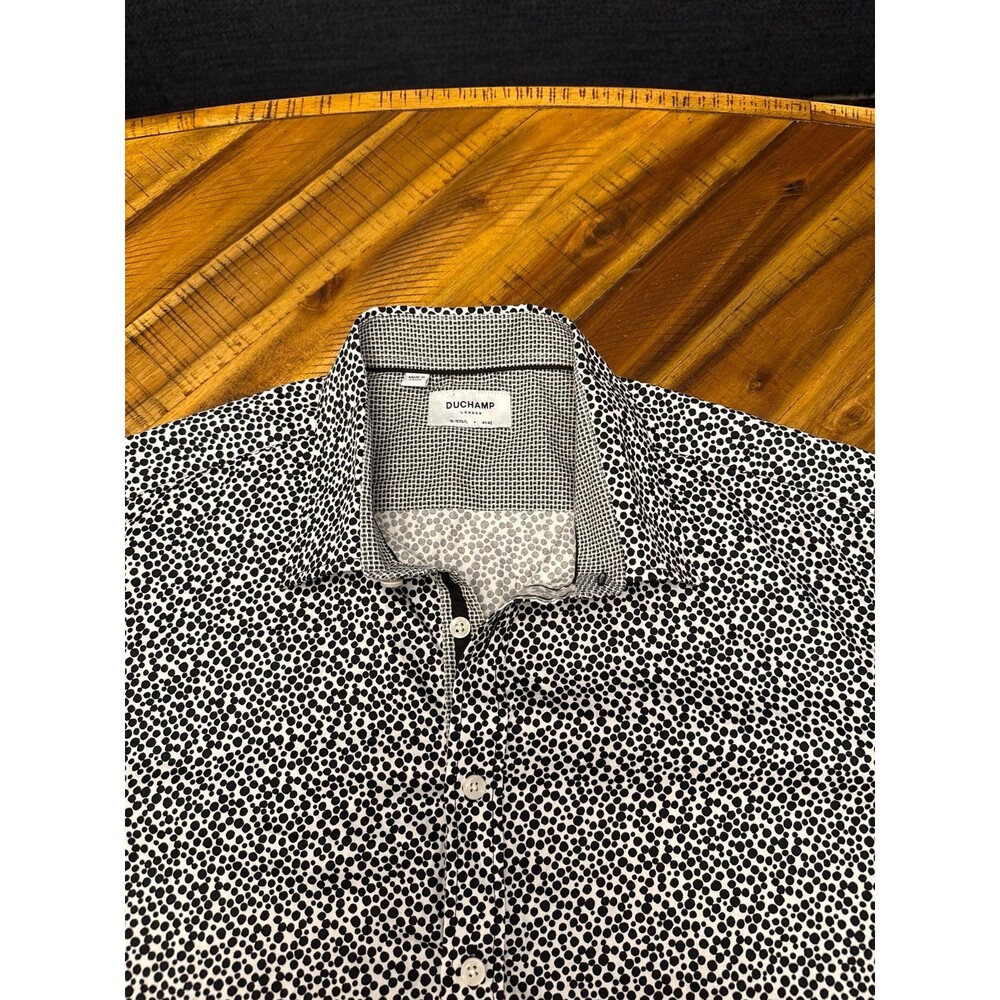Duchamp London Men’s 41 42 Shirt Black White Micro Dot Short Sleeve Designer UK